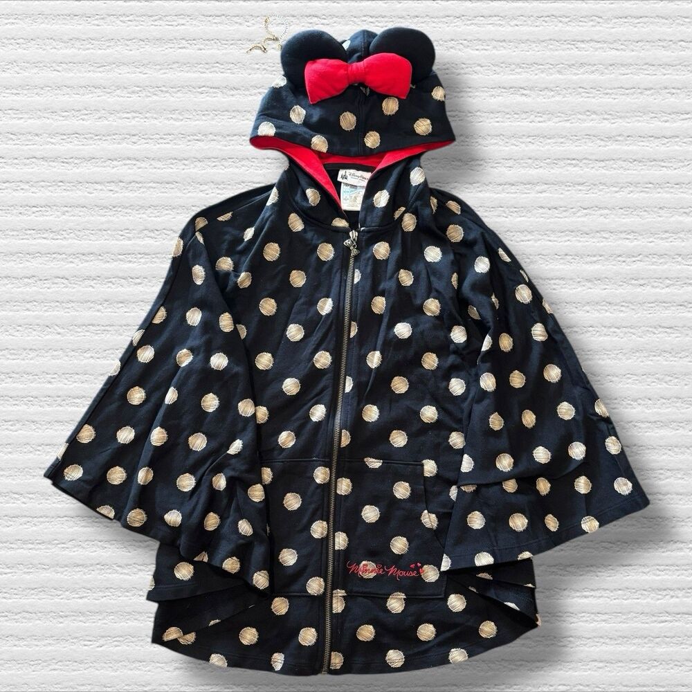 Disney Parks Minnie Mouse Cape Poncho Hoodie XS/S Black Gold Polka Dot Bow